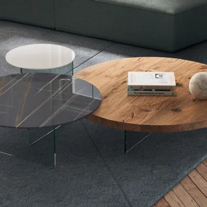 Tavolino Air Rotondo in vetro laccato, vetro effetto marmo e legno di Rovere centenario di Lago