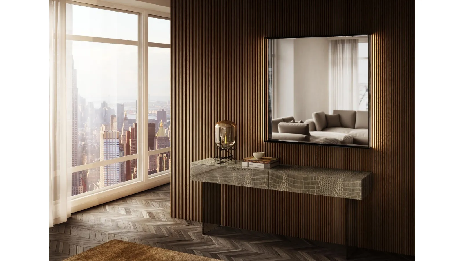 Specchiera Glass con cornice in vetro temperato fumé Grigio di Lago