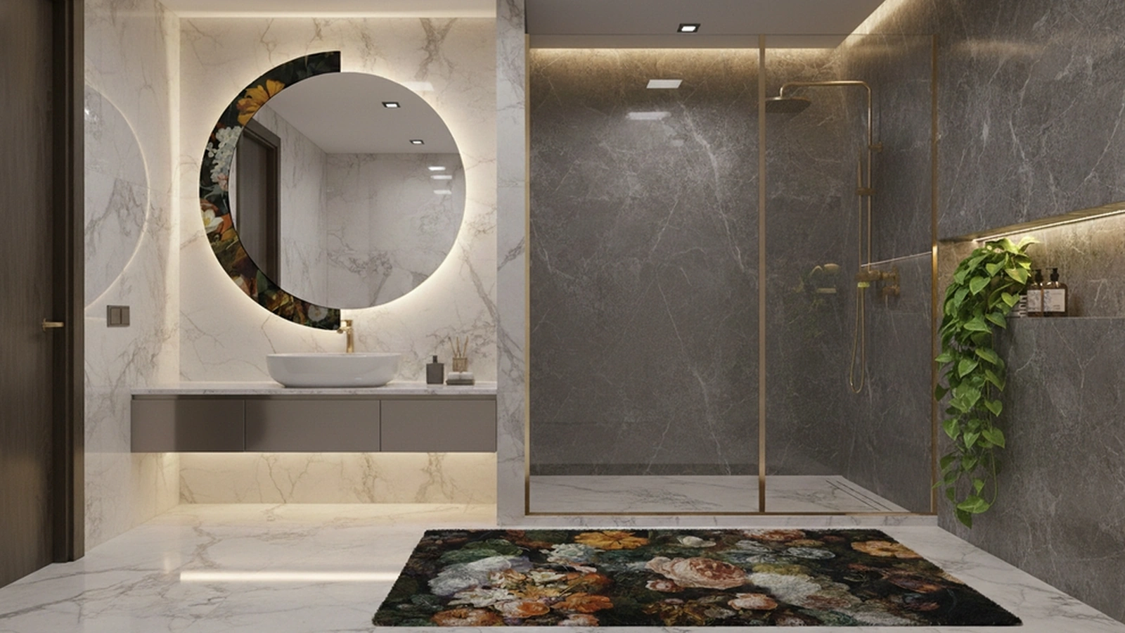 Specchio Half Moon Flowly con cornice in vetro stampato di Migliorino