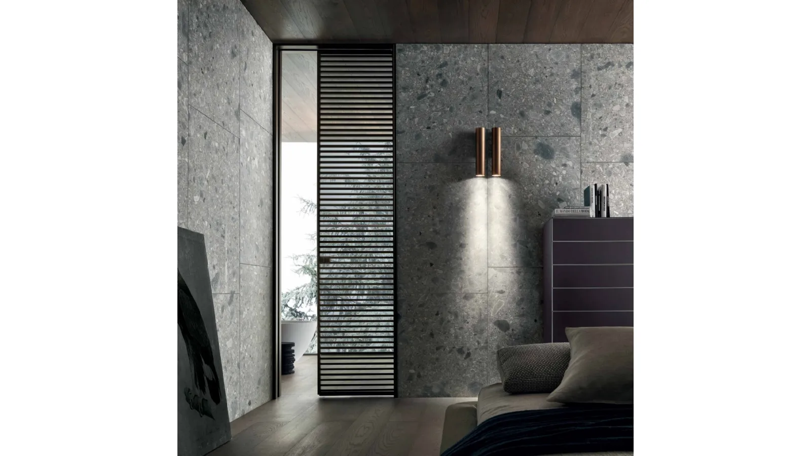 Porta per interni Even in Vetro Grigio trasparente e alluminio finitura Brown di Rimadesio