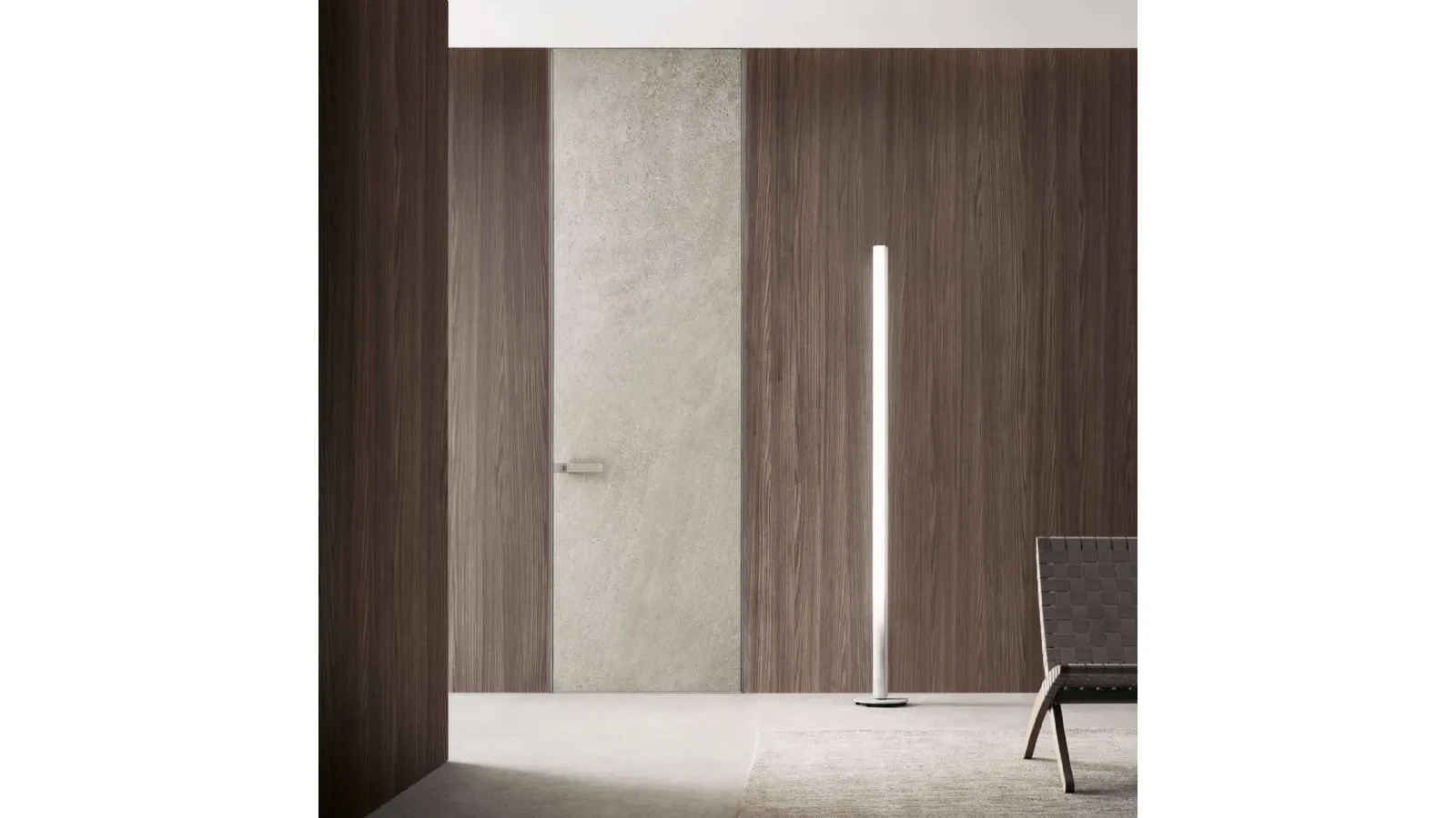 Porta a battente per interni Moon in finitura Gres Crema con struttura in metallo finitura Platino di Rimadesio