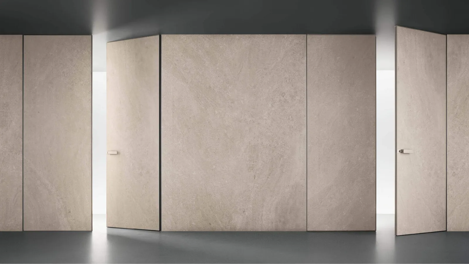 Porta a doppio battente per interni Moon in finitura Gres Crema con struttura in metallo finitura Platino di Rimadesio