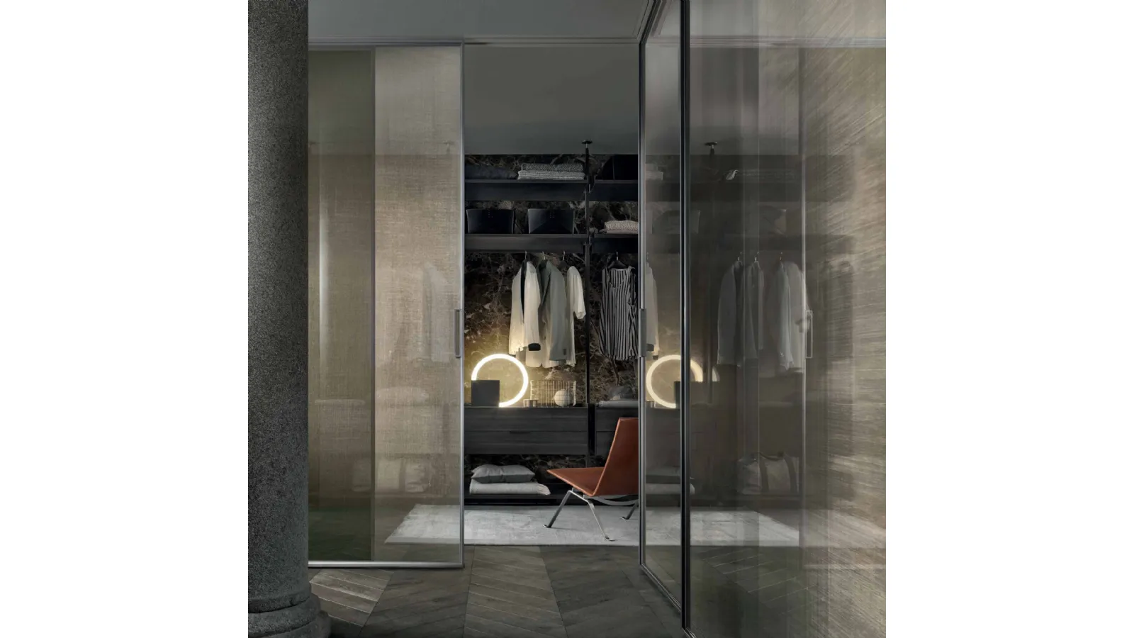 Porta per interni scorrevole Velaria in vetro rete Bronzo con struttura in finitura Piombo di Rimadesio