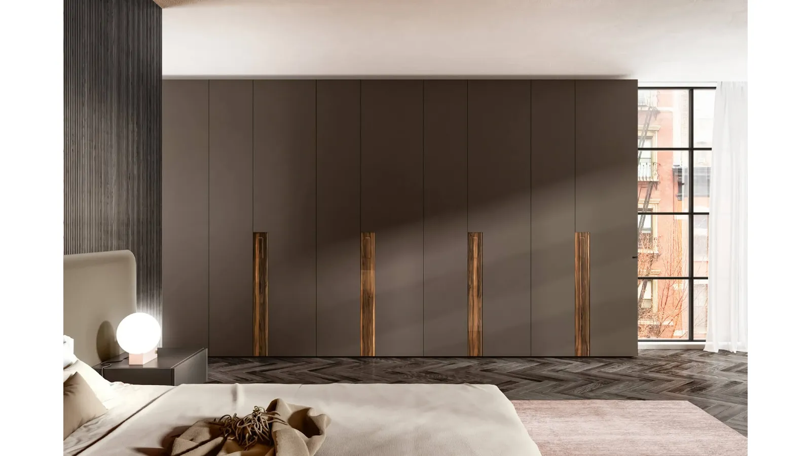 Armadio Key in laccato opaco con inserto Wood XGlass Ebano con ante battenti di Lago