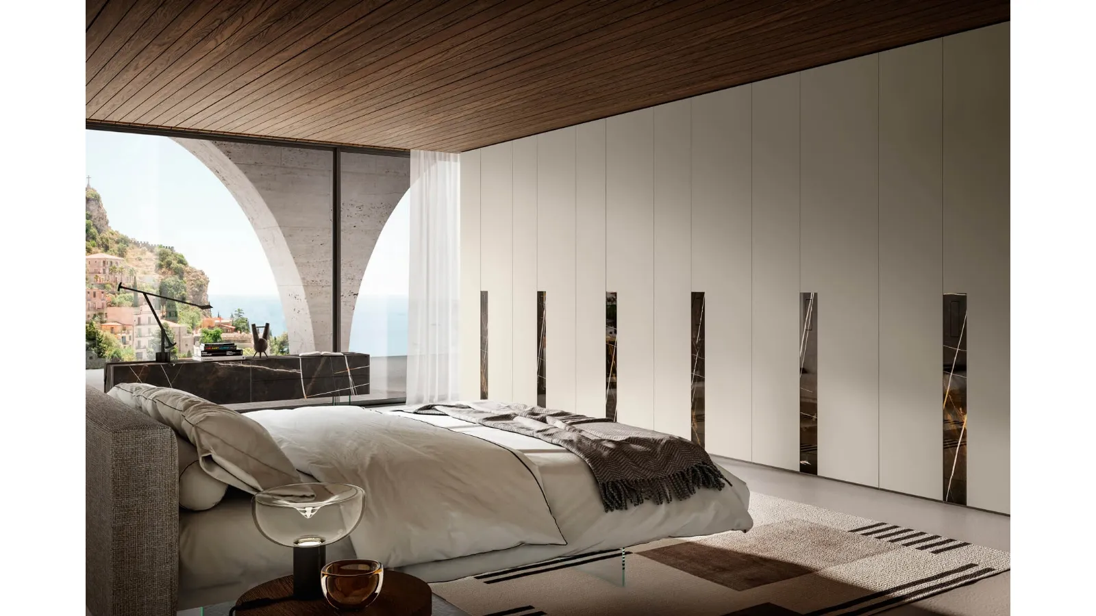 Armadio con ante battenti laccato Bianco Key inserto Marble XGlass in vetro effetto marmo di Lago
