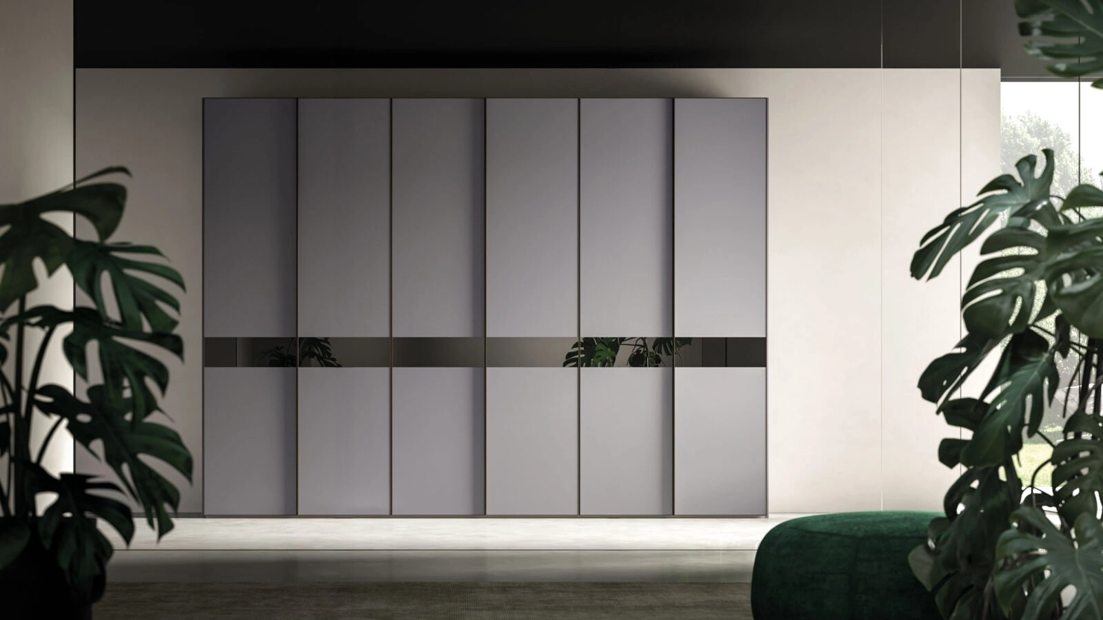 Armadio ad ante battenti Noto Lateral Specchio Night 21 in laccato opaco Basalto con fascia a specchio di Orme