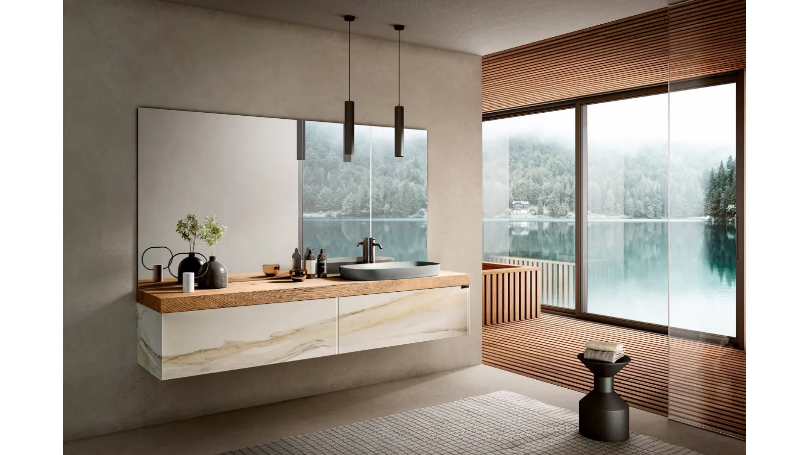 Mobile da Bagno sospeso Bathroom 1118 in vetro finitura effetto marmo con top in legno di Rovere di Lago