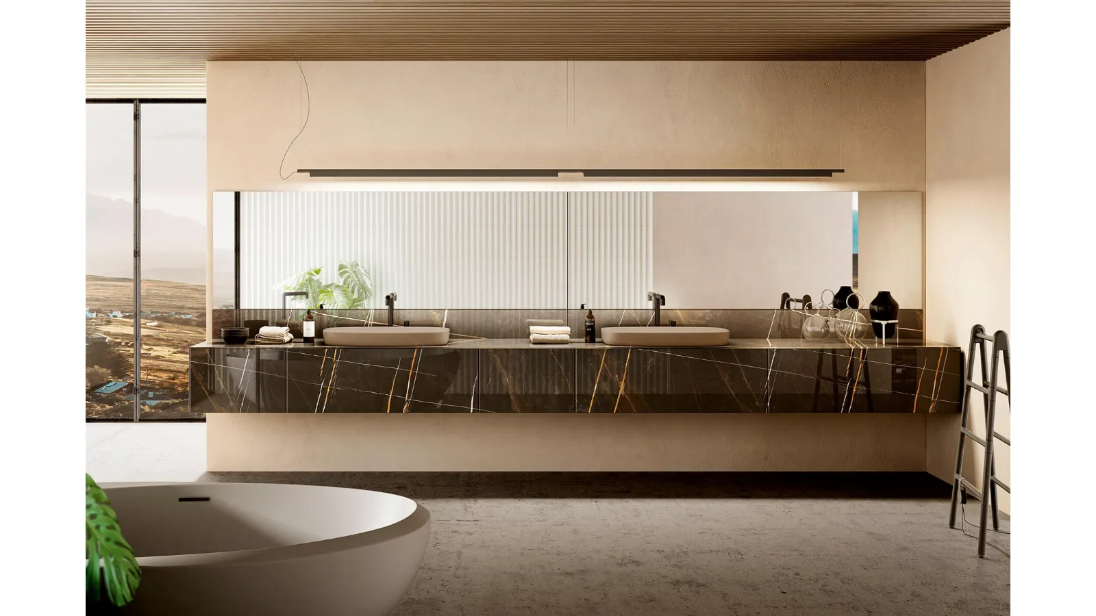 Mobile da Bagno sospeso 36e8 04 in vetro finitura effetto marmo con Doppio Lavabo di Lago