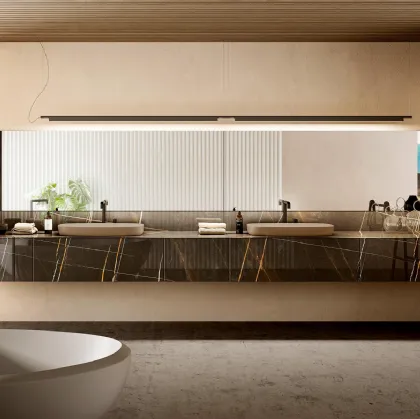 Mobile da Bagno sospeso 36e8 04 in vetro finitura effetto marmo con Doppio Lavabo di Lago