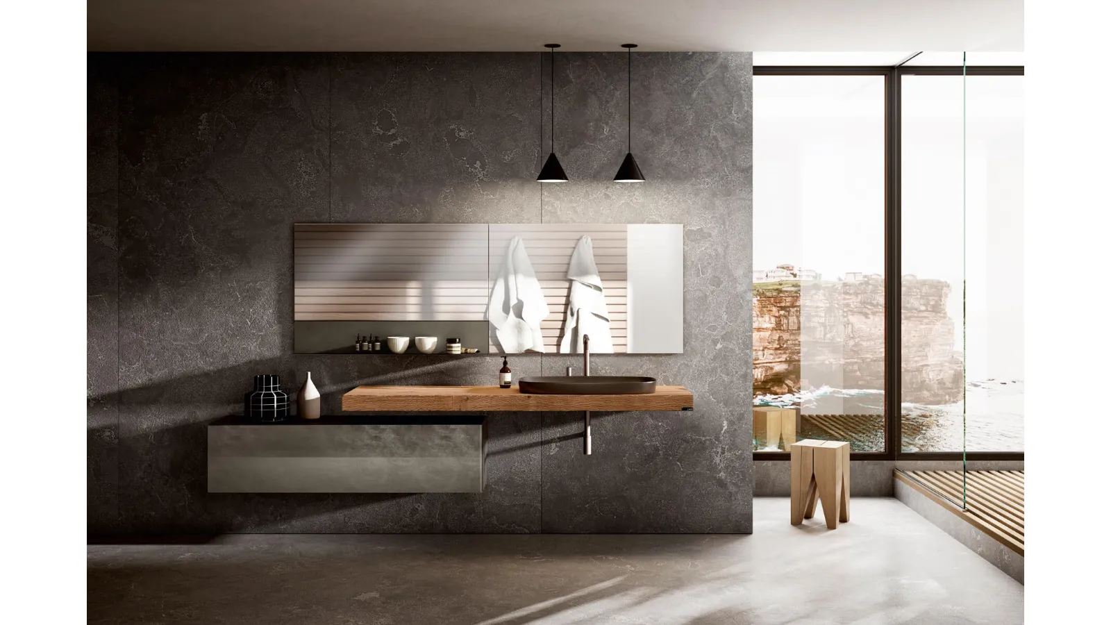 Mobile da Bagno sospeso in vetro laccato con top in legno 36e8 02 di Lago