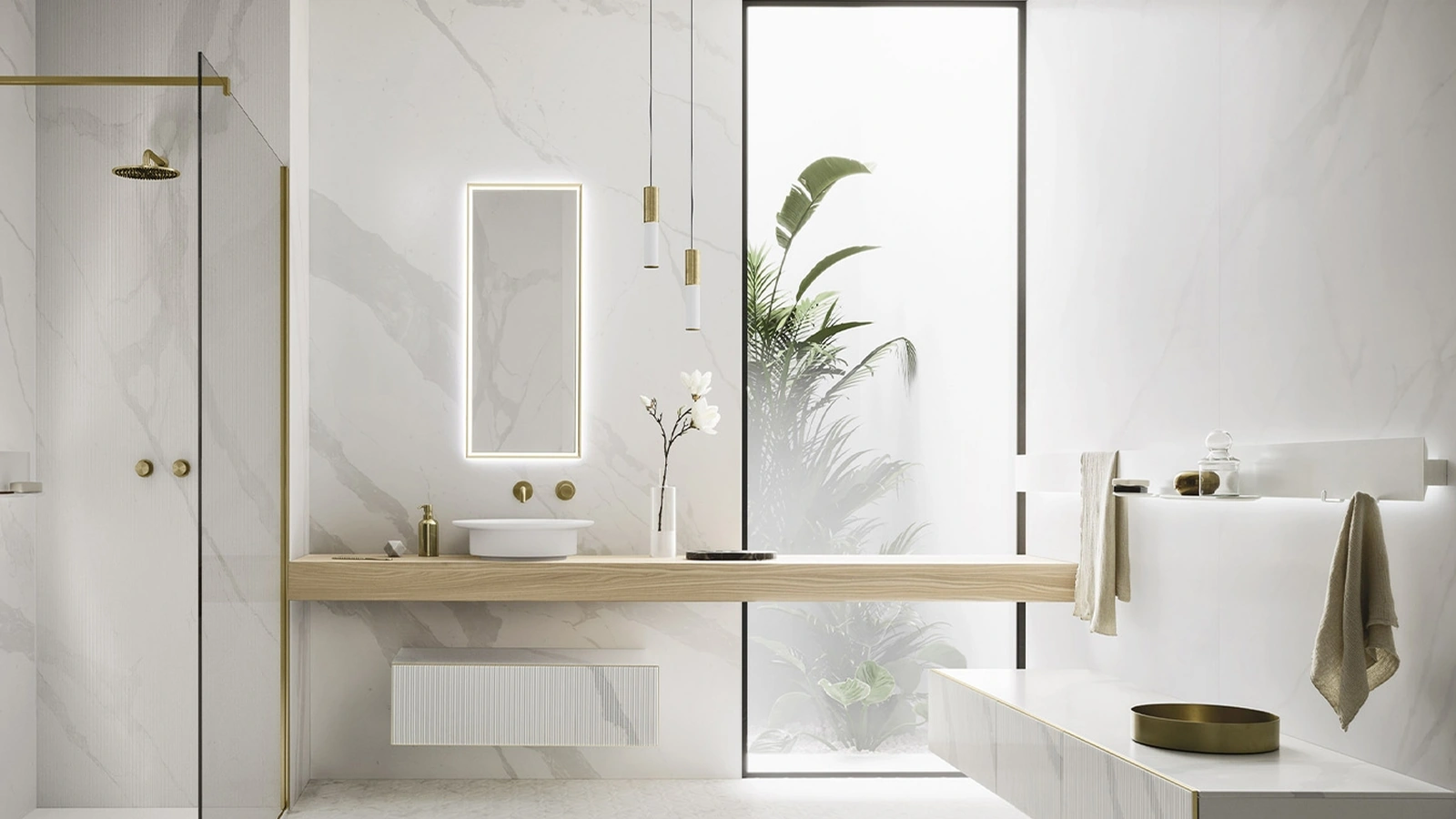 Mobile da Bagno sospeso Luxor 06 in quarzo resina millerighe e legno di Arbi