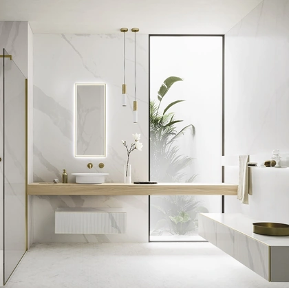 Mobile da Bagno sospeso Luxor 06 in quarzo resina millerighe e legno di Arbi