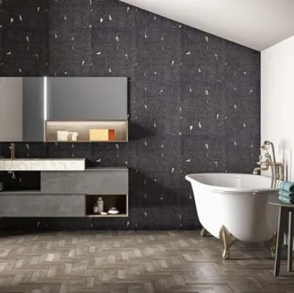 Mobile da bagno sospeso in laccato metallico e rovere con top in gres effetto marmo Memento 03 di Birex