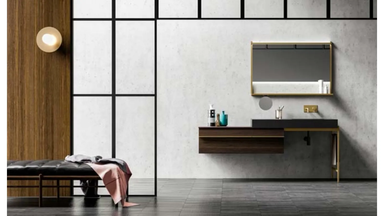 Mobile da Bagno sospeso in rovere e alluminio con top in acciaio Sidero 03 di Birex
