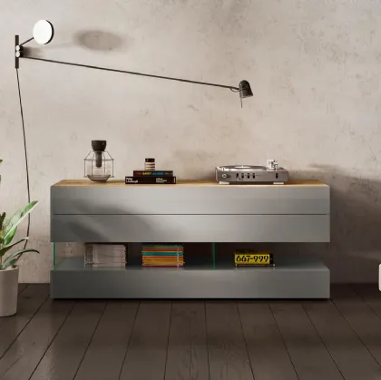 Comò Air in vetro laccato Grigio e top in legno di Lago