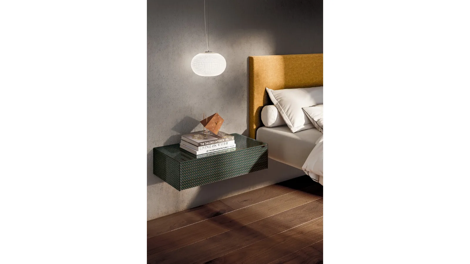 Comodino sospeso Materia 1070 in vetro finitura Home Couture Glass in tessuto di Lago