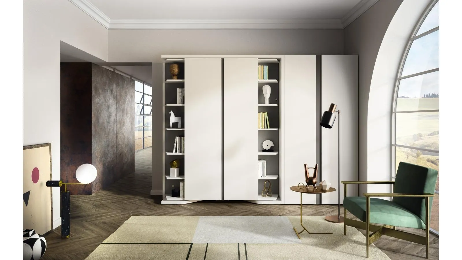 Letto a scomparsa trasformabile chiuso Living 18 LGM con armadio libreria in laccato opaco di Clei