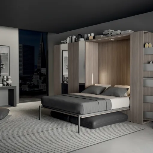 Letto a scomparsa aperto finitura Rovere carbone Block System Comp 250 di Tumidei