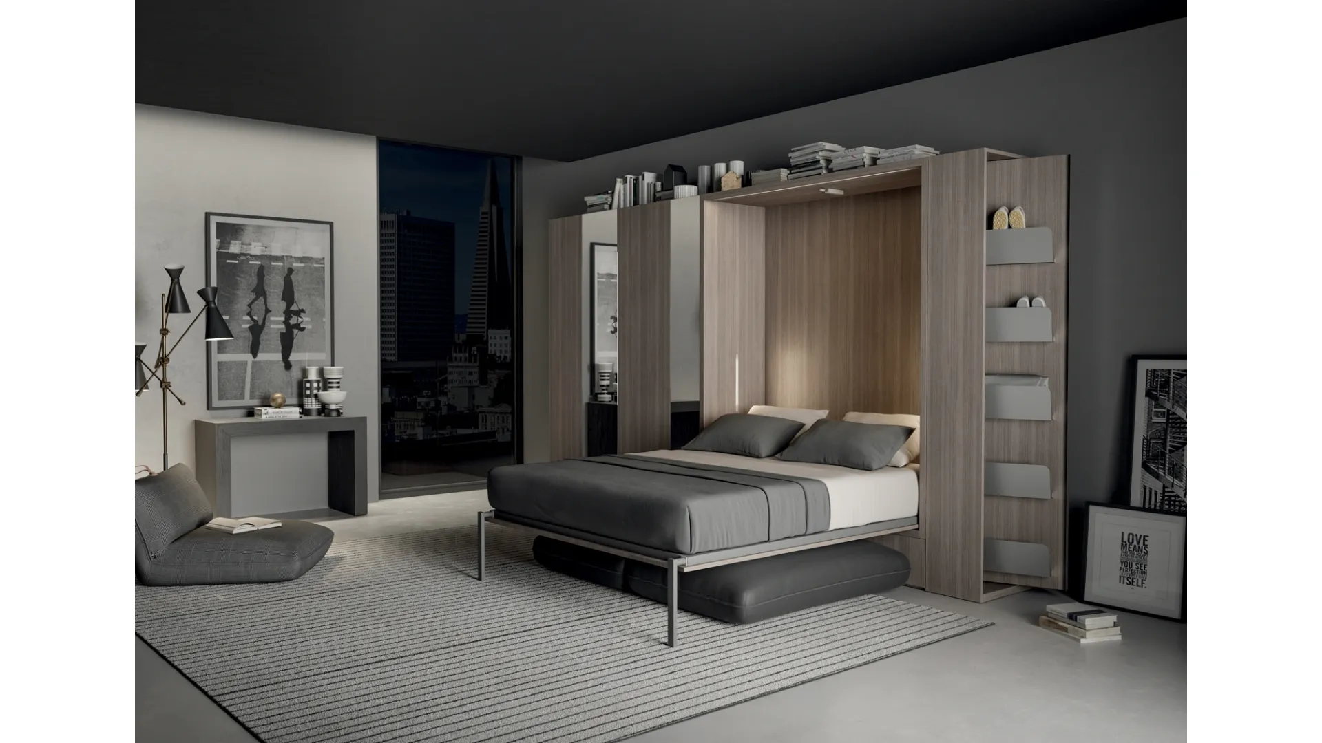 Letto a scomparsa aperto finitura Rovere carbone Block System Comp 250 di Tumidei