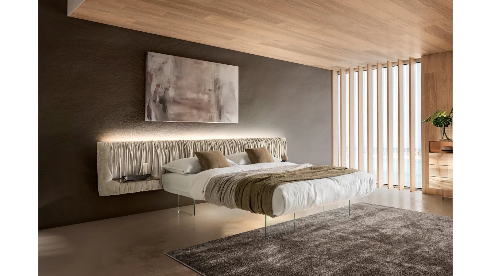 Letto con testiera in tessuto arricciato e con illuminazione a LED Air Replis di Lago