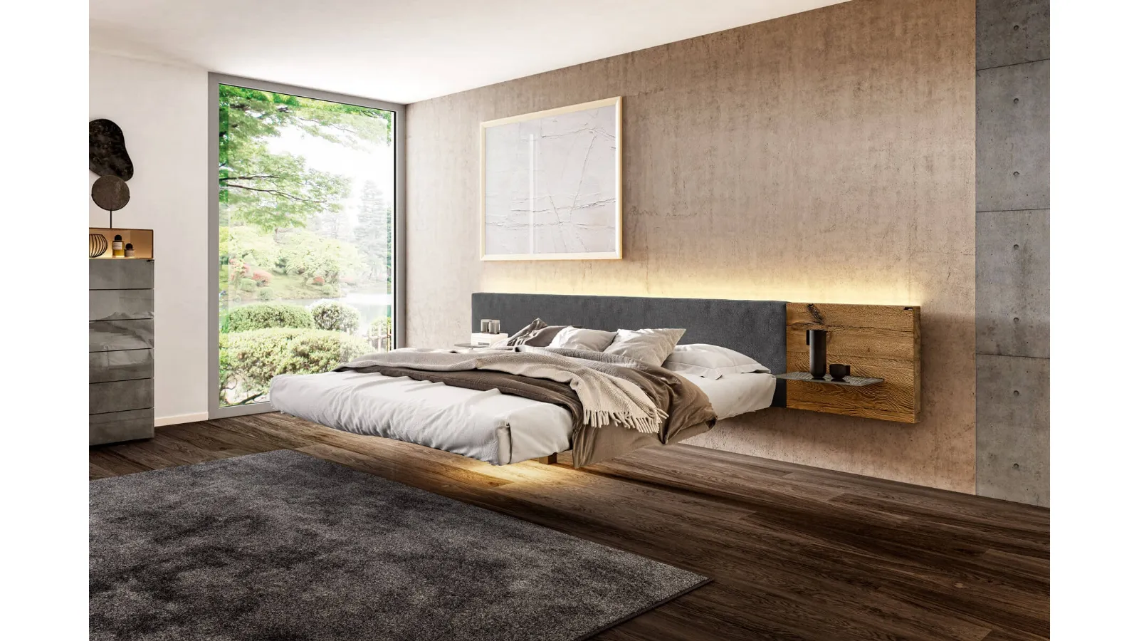 Letto di design sospeso con testiera in legno centenario rivestita parzialmente in tessuto con luci a LED Fluttua Wildwood di Lago