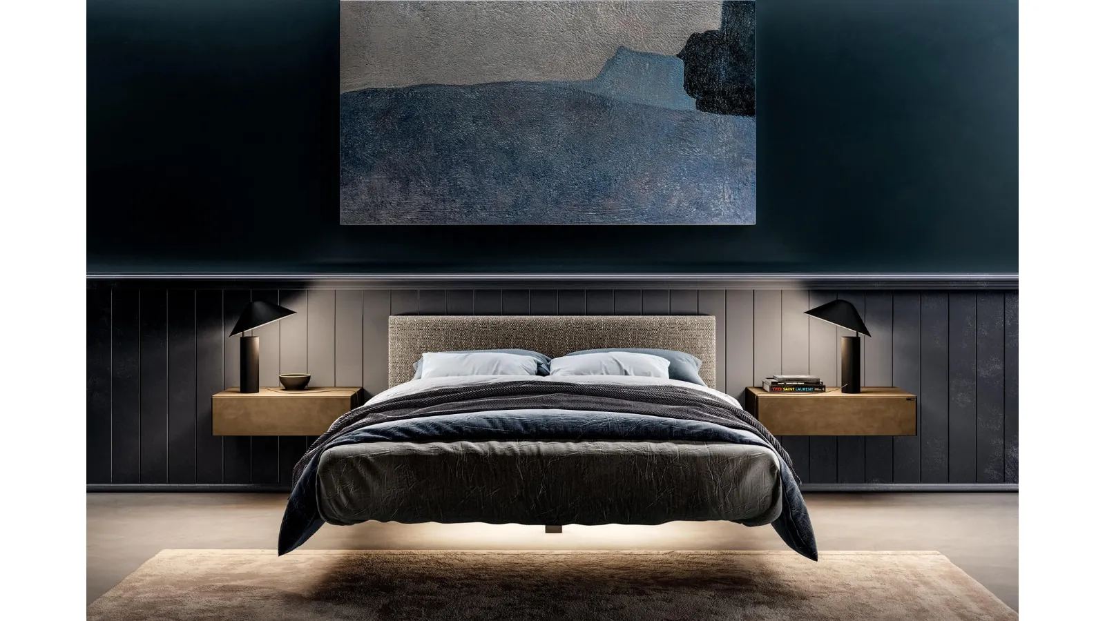 Letto sospeso con testiera bassa in tessuto imbottito Fluttua di Lago