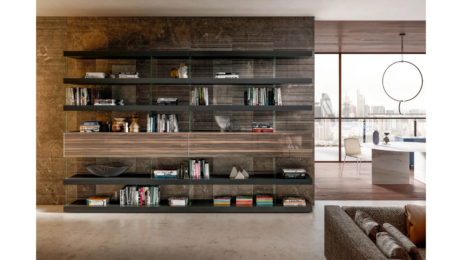 Libreria a parete Air in laccato opaco e vetro effetto marmo di Lago