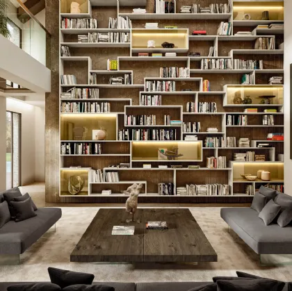 Libreria LagoLinea a tutta parete in laccato opaco e vetro di Lago