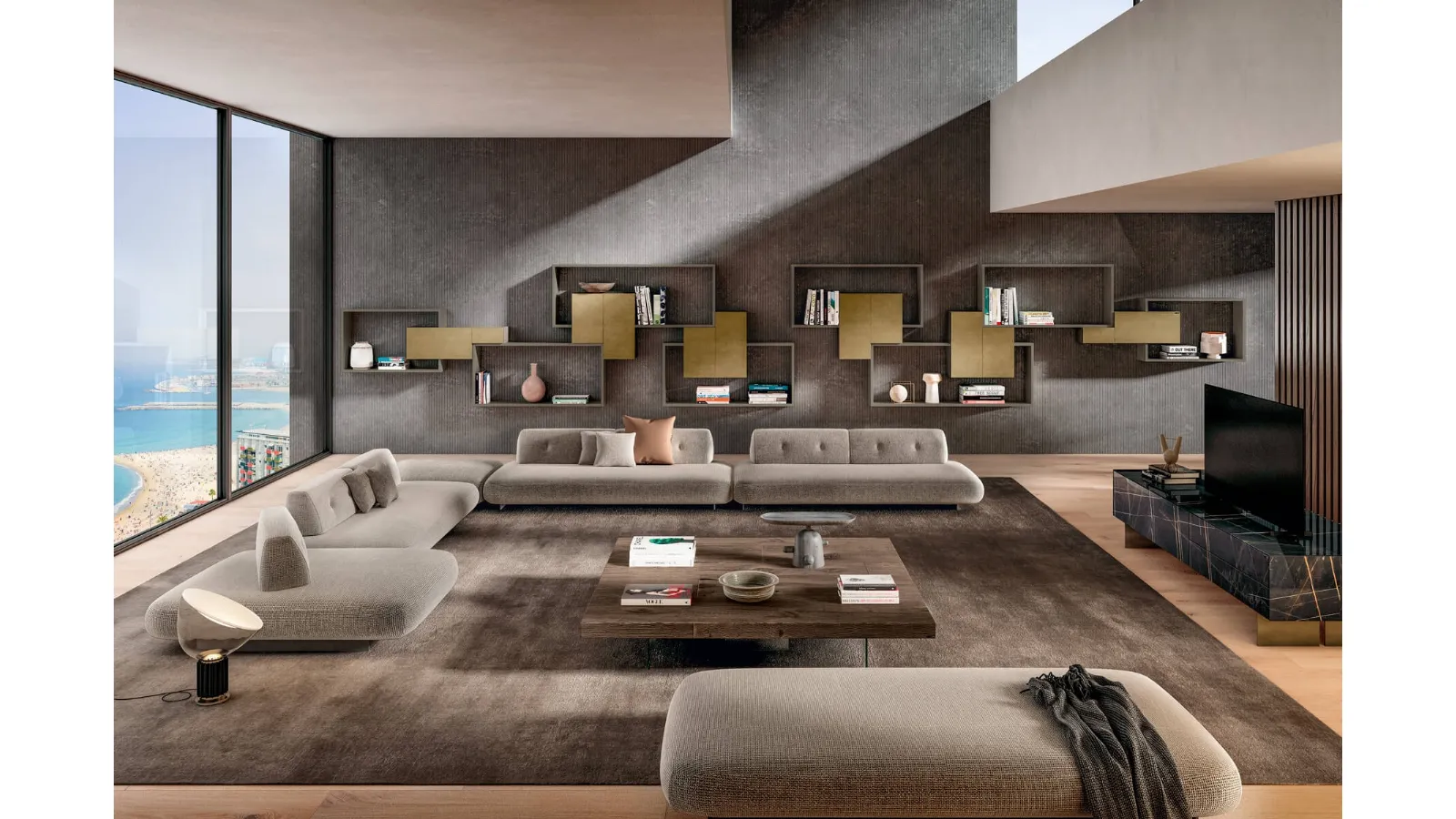 Libreria sospesa di design LagoLinea Modulare in laccato opaco e finitura oro di Lago