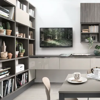 Libreria a muro Living finitura Cedro Scuro di Veneta Cucine