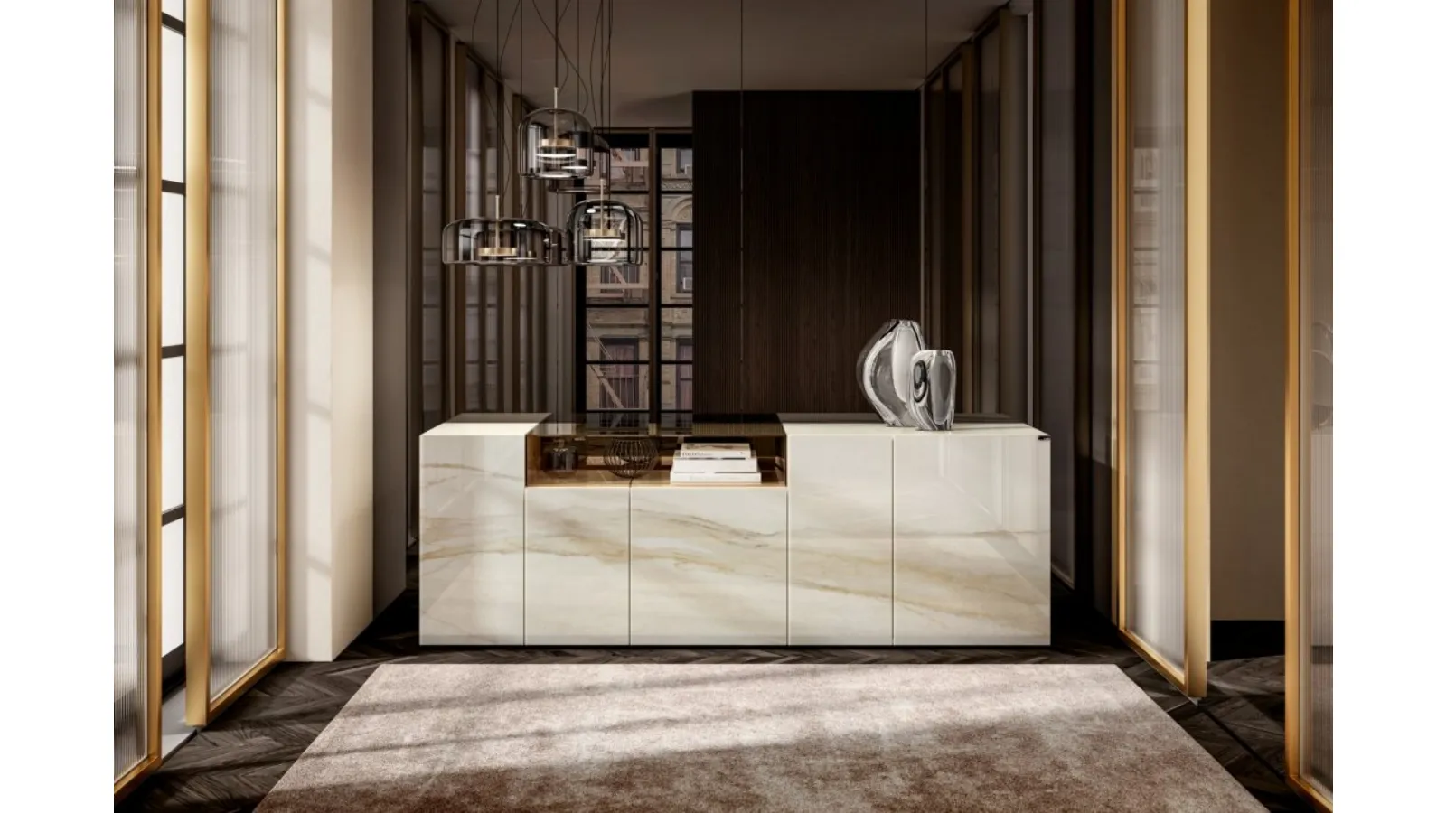 Madia 36e8 Glass 1337 in vetro con finitura marmorea Calacatta Gold di Lago