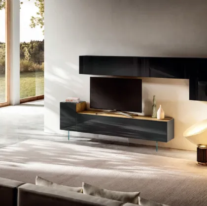 Mobile Porta Tv 36e8 0524 in vetro laccato con top in legno di Lago