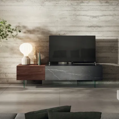 Mobile Porta Tv 36e8 0749 in vetro effetto marmo e legno di Rovere di Lago