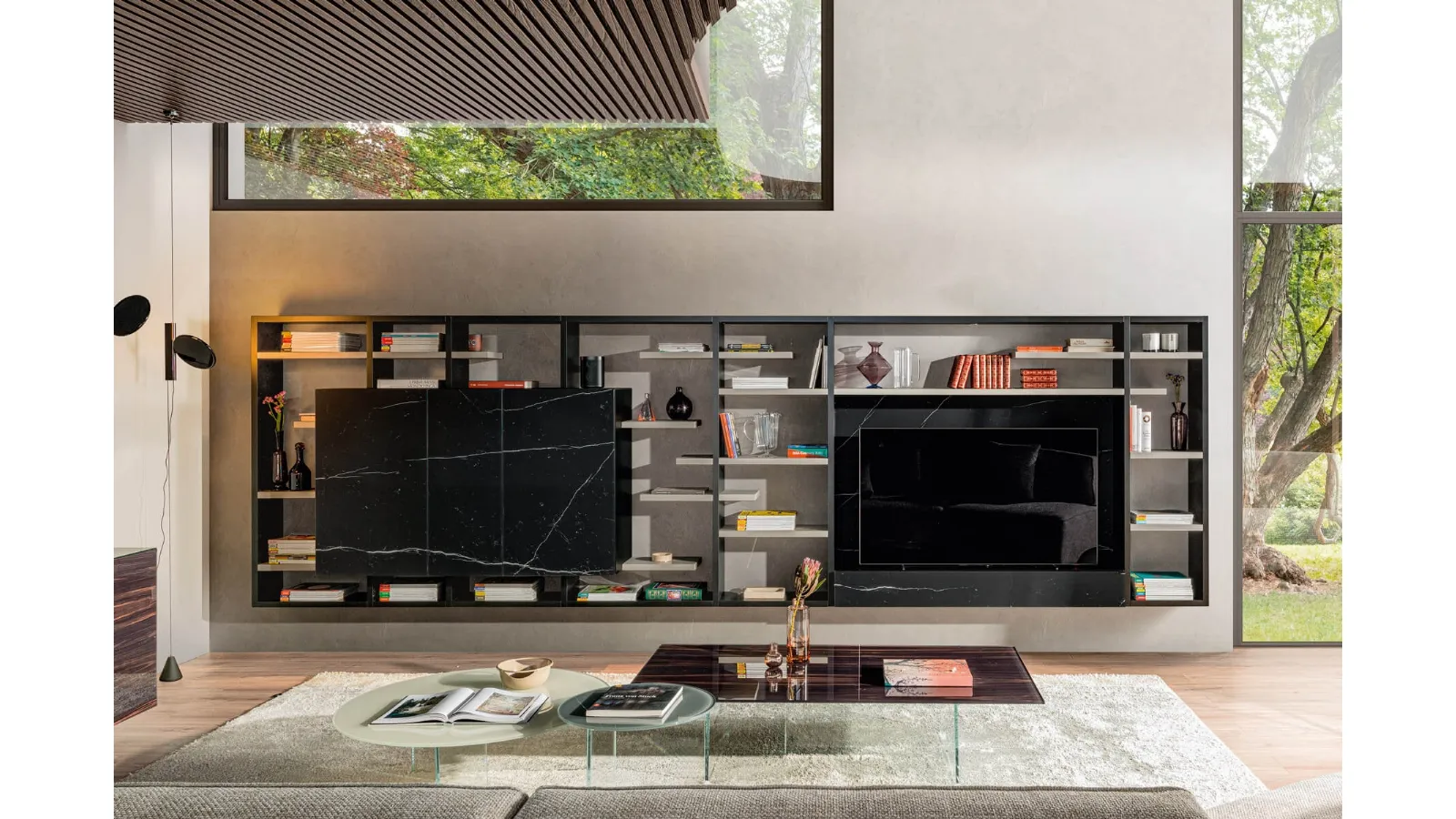 Parete Attrezzata sospesa 30mm 05 in finitura Marble XGlass Nero Marquinia di Lago