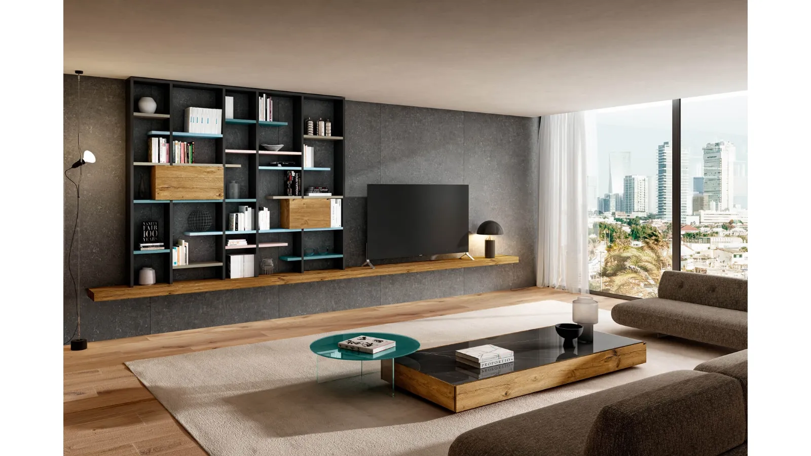 Parete Attrezzata sospesa 30mm 06 in legno di Rovere e laccato opaco di Lago