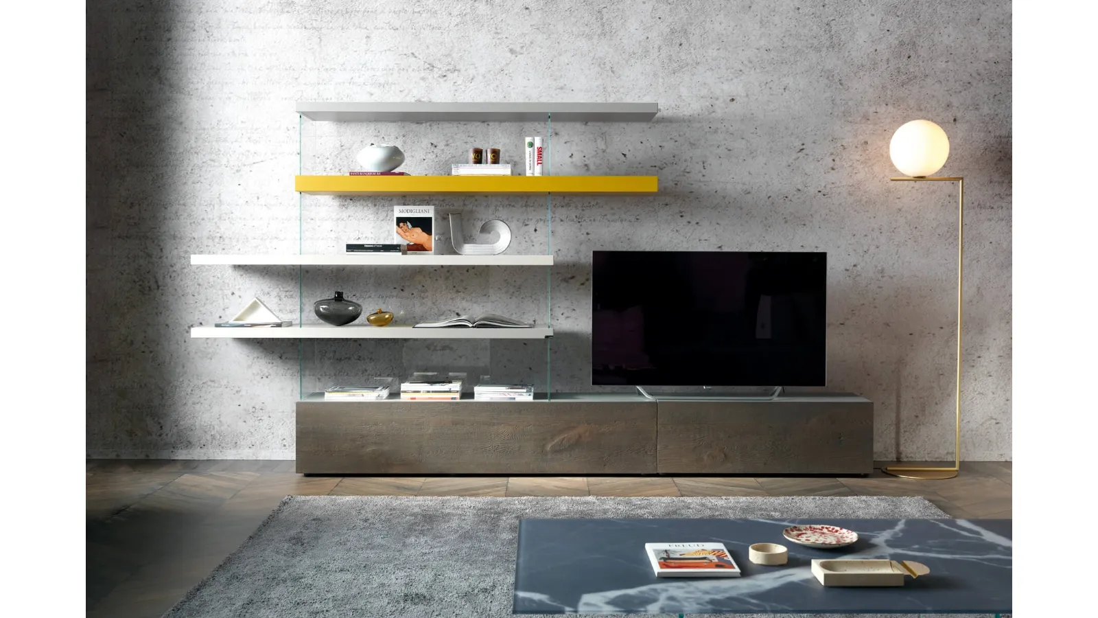 Parete Attrezzata Air 0693 in legno di Rovere Grigio, laccato e vetro di Lago