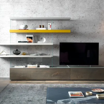 Parete Attrezzata Air 0693 in legno di Rovere Grigio, laccato e vetro di Lago