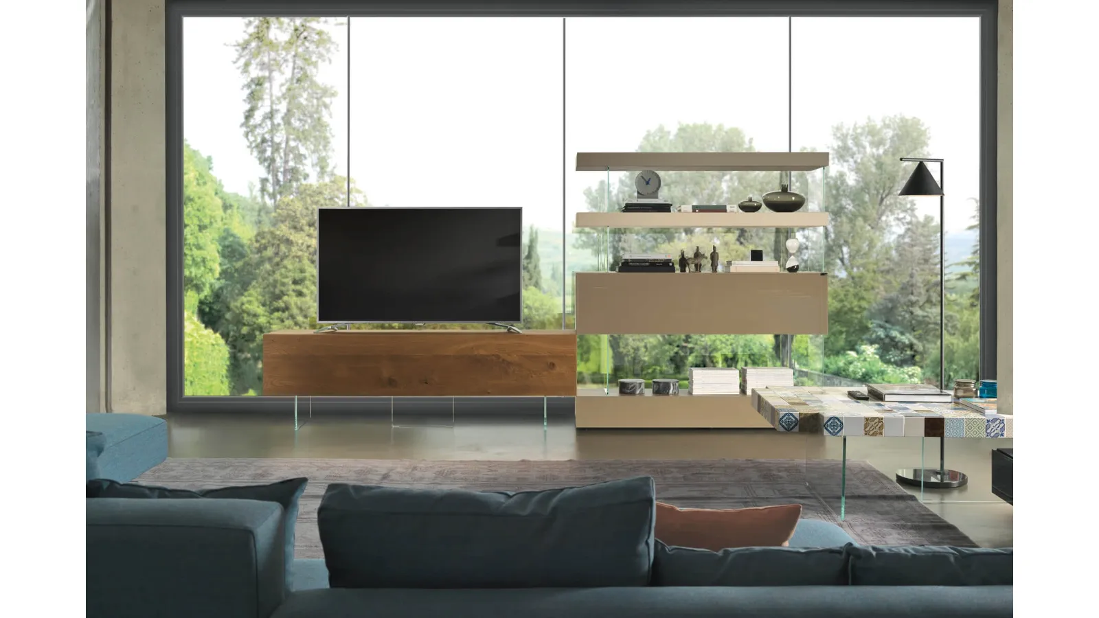 Parete Attrezzata Air 0694 in Legno di Rovere naturale, laccato e vetro di Lago