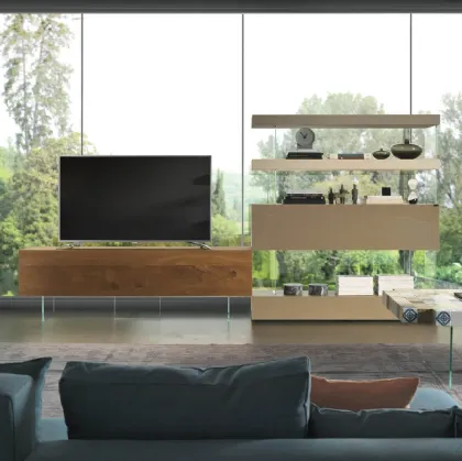 Parete Attrezzata Air 0694 in Legno di Rovere naturale, laccato e vetro di Lago