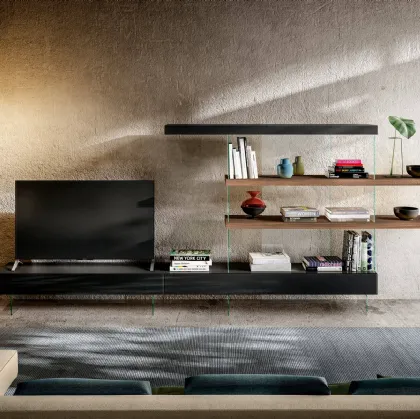 Parete Attrezzata Air 0843 in vetro laccato Nero, laccato opaco e legno di Lago