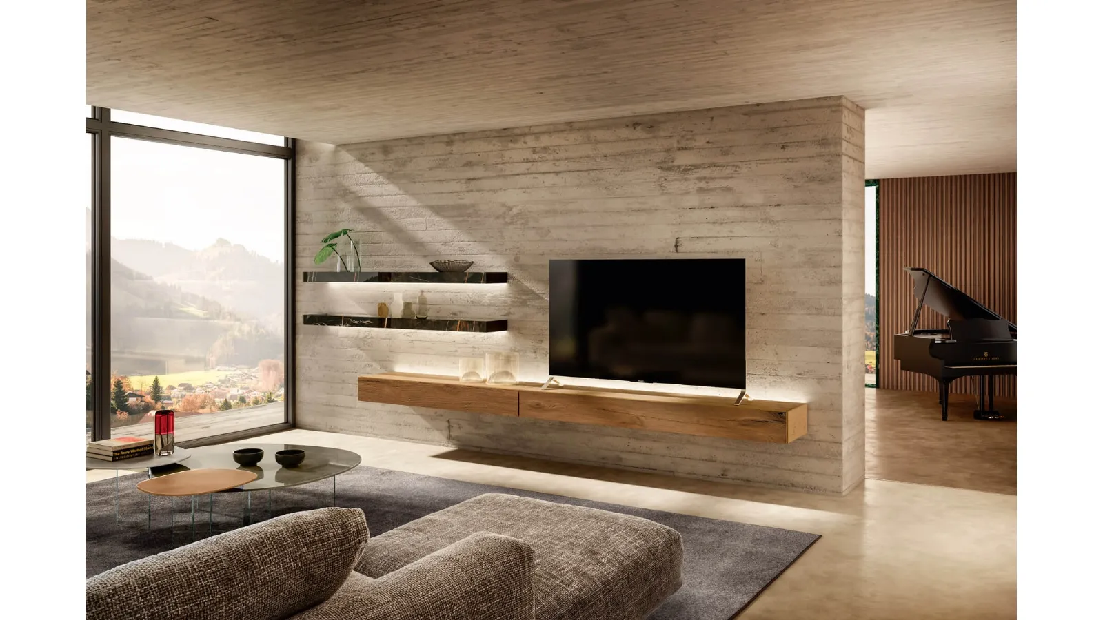 Parete Attrezzata sospesa Dub in legno di Rovere con Mensole in vetro finitura effetto marmo di Lago