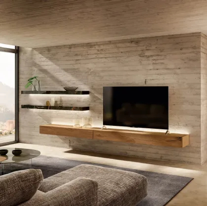 Parete Attrezzata sospesa Dub in legno di Rovere con Mensole in vetro finitura effetto marmo di Lago