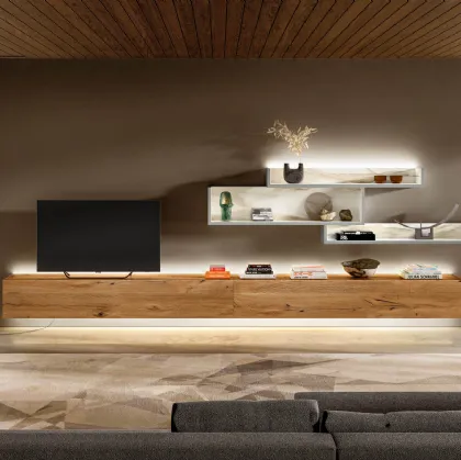 Parete Attrezzata LagoLinea in Legno di Rovere e Marble Glass Bianco di Lago