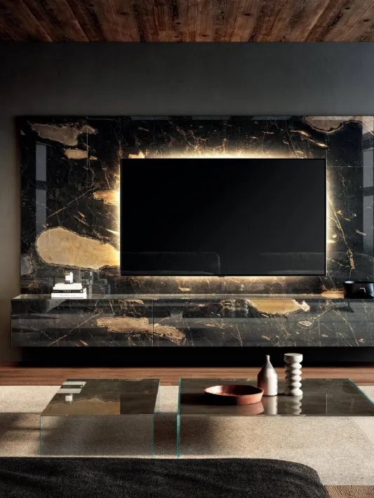 Parete Attrezzata Air 0843 in vetro laccato Nero, laccato opaco e legno di Lago