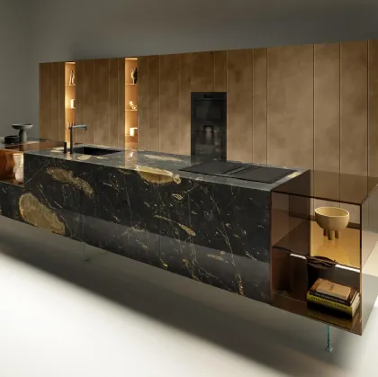 Cucina Design lineare monolitica 36e8 Glass in vetro finitura effetto marmo Geode con teche in vetro Fumé Bronzo di Lago