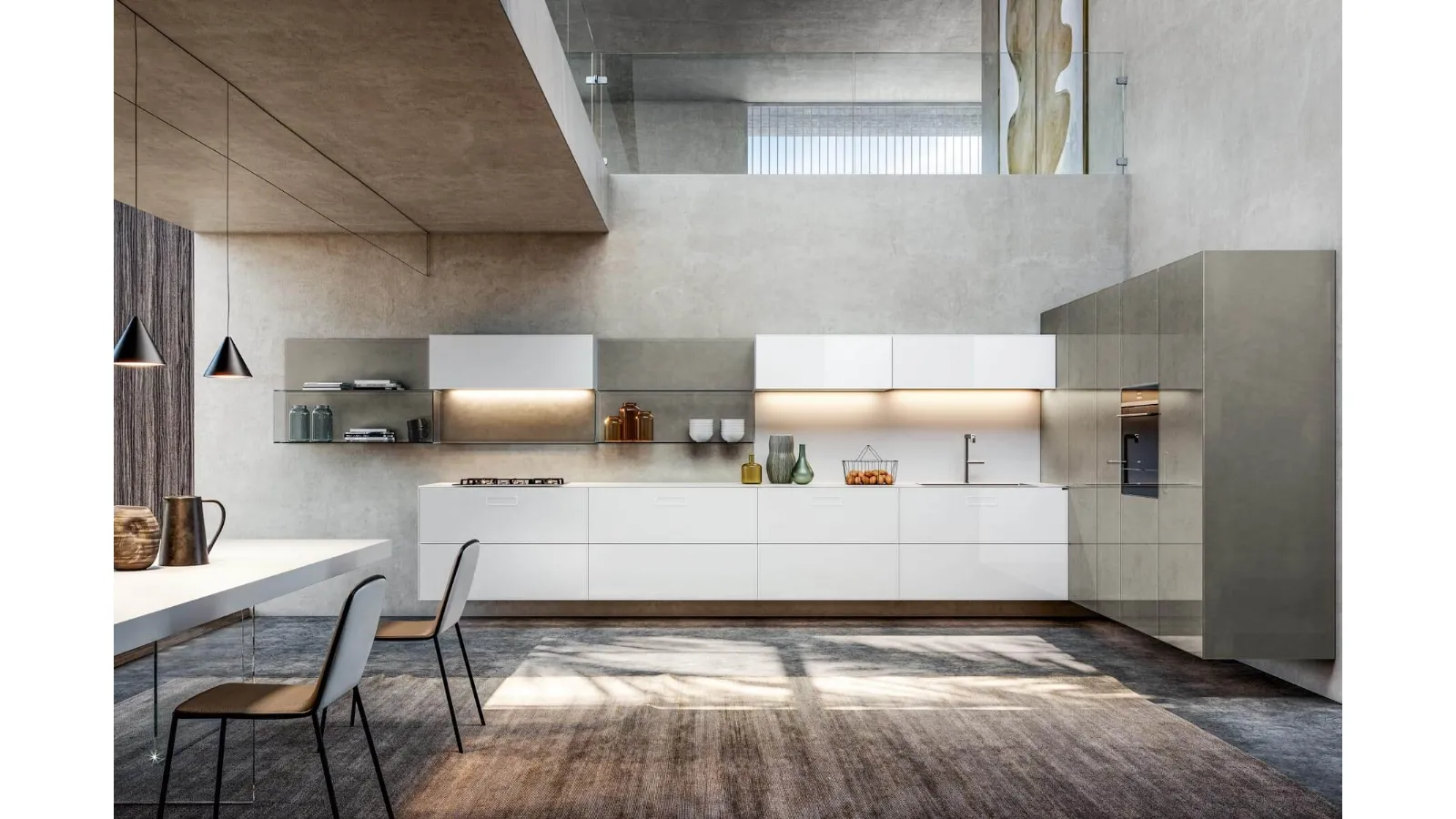 Cucina Design sospesa 36e8 lineare in vetro laccato lucido Bianco di Lago