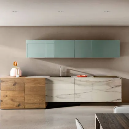 Cucina Design lineare 36e8 Marble XGlass Calacatta Gold e Rovere con pensili in vetro laccato di Lago