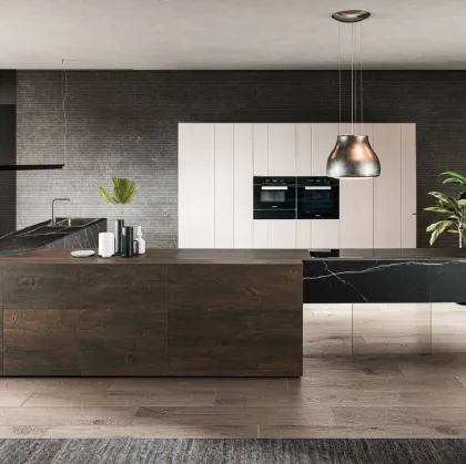 Cucina Design angolare 36e8 Marble XGlass Marquina e Rovere scuro di Lago
