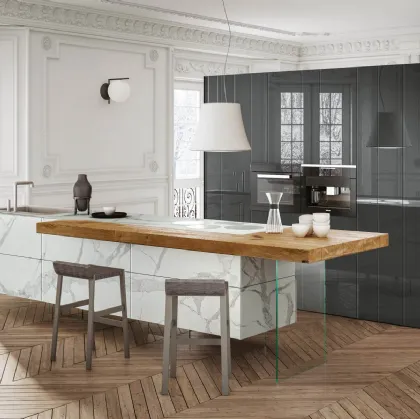 Cucina Design lineare con penisola in legno di Rovere 36e8 Marble XGlass Statuario di Lago