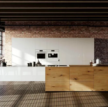 Cucina Design lineare 36e8 Wildwood 03 in legno di Rovere centenario e vetro laccato Bianco di Lago